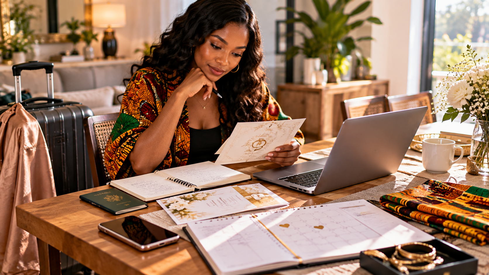 American woman planning a Ghana wedding trip with a wedding invitation, calendar, laptop, passport, smartphone, and travel notes on a dining table.