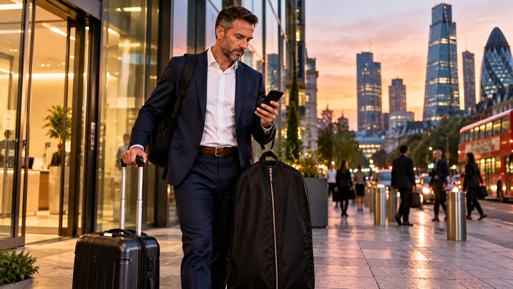 British male traveller leaving a London office with a suitcase and garment bag while checking his sm