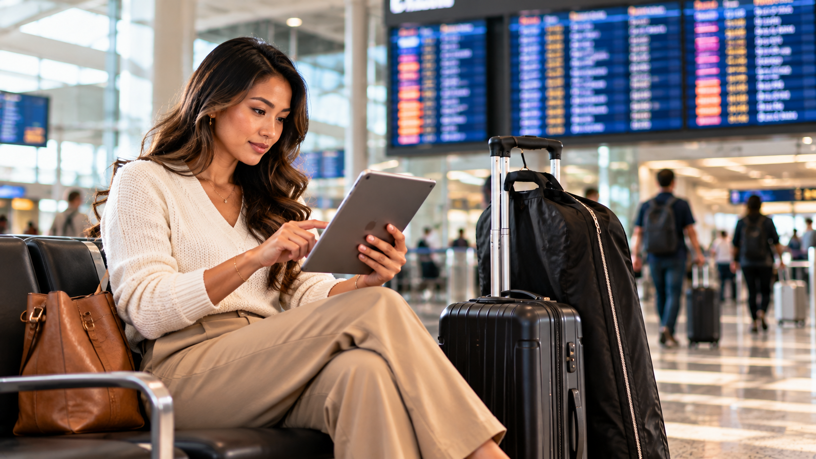 Asian-American female wedding guest comparing direct and connecting Ghana flight options on a tablet in an airport terminal with luggage and a garment bag.