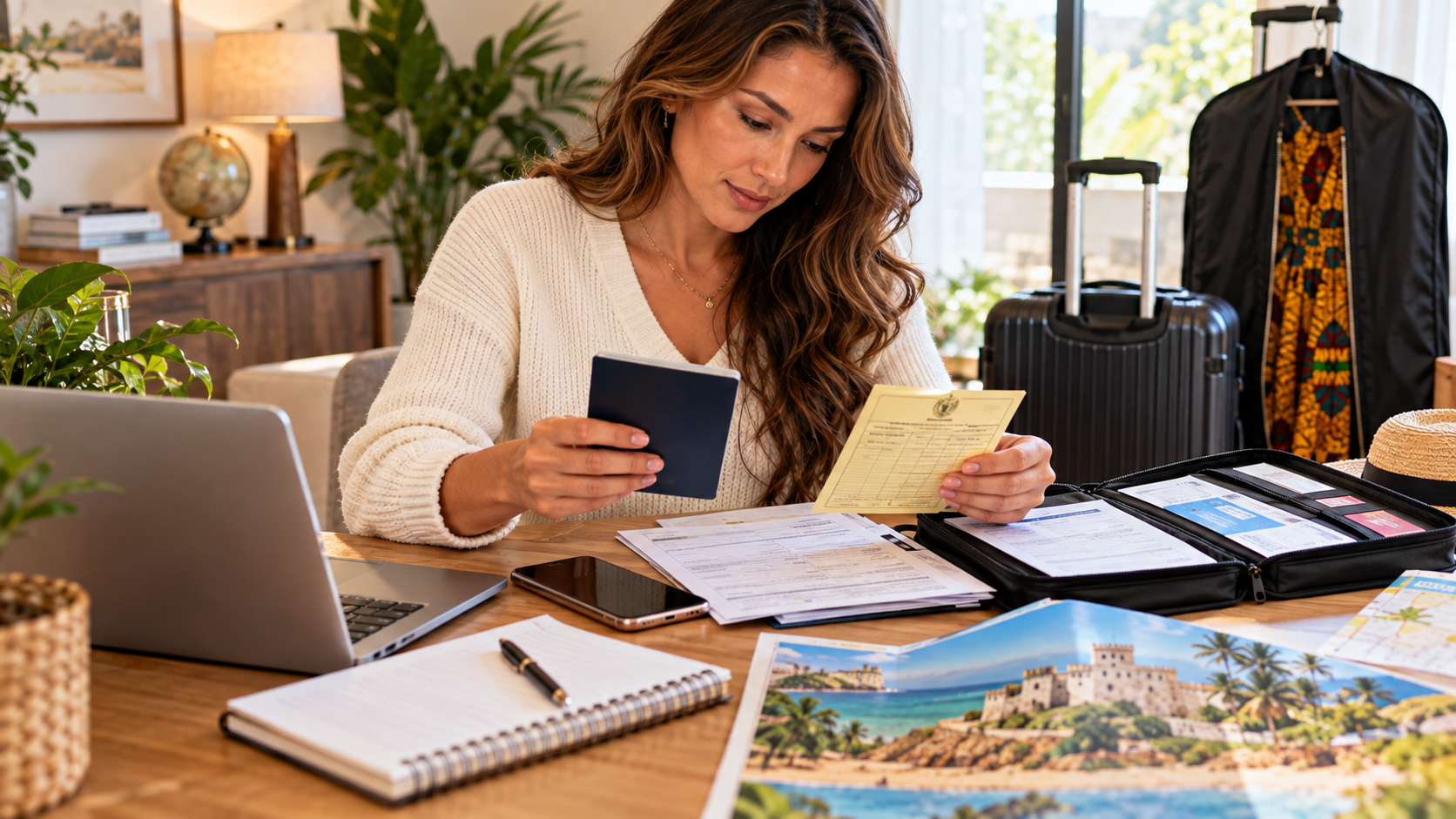 American female traveller preparing Ghana entry documents with a passport, visa paperwork, yellow fever certificate, smartphone and organised travel folder at a home office.