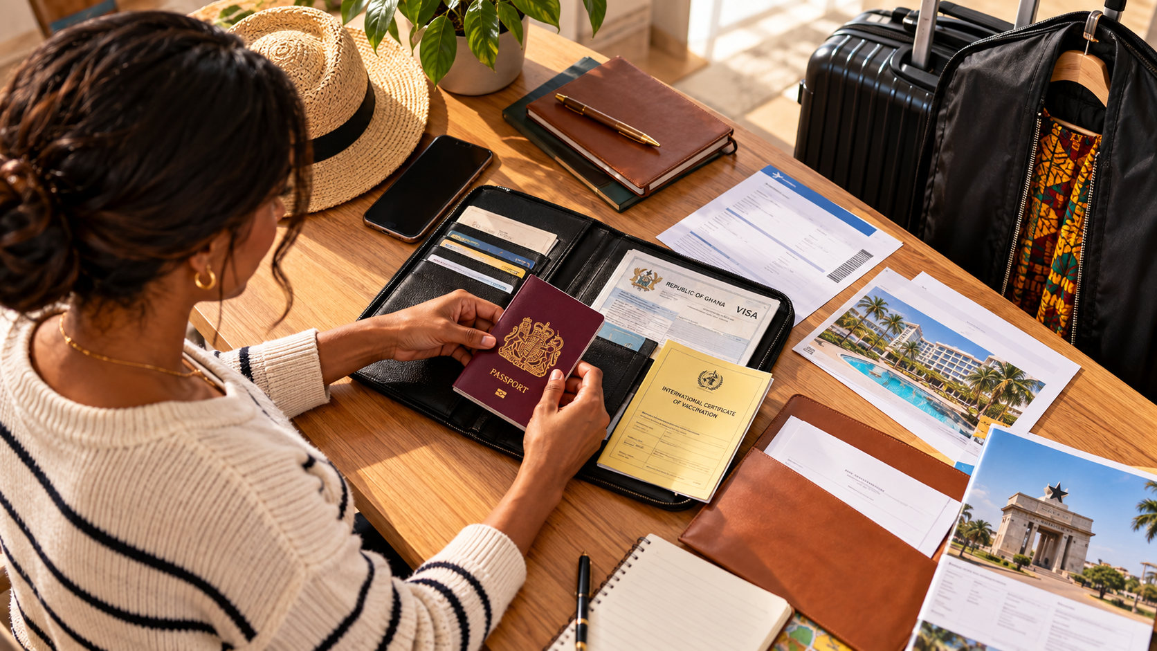 British-Ghanaian wedding guest organising a passport, Ghana visa, vaccination certificate, flight confirmation, hotel booking and travel documents on a wooden desk.