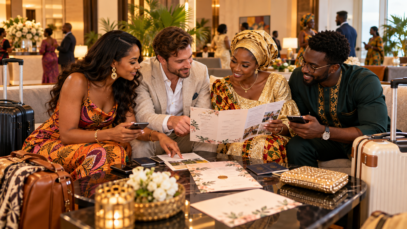 International wedding guests reviewing a multi-day Ghana wedding schedule at a stylish Accra hotel lounge with invitations, smartphones, passports, and travel bags nearby.