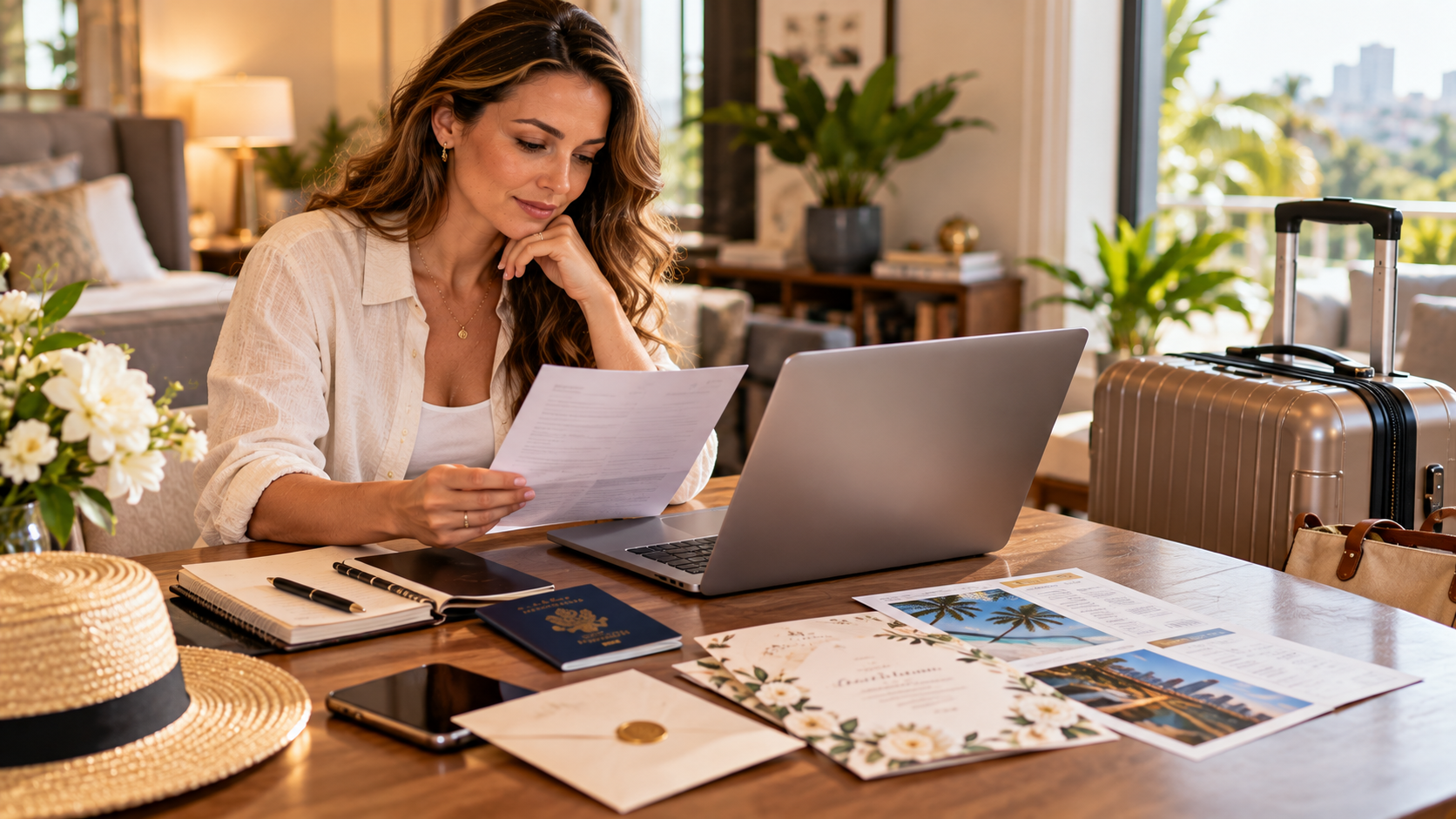 British woman reviewing a travel insurance policy on a laptop with a passport, wedding invitation, flight confirmation, and suitcase nearby.