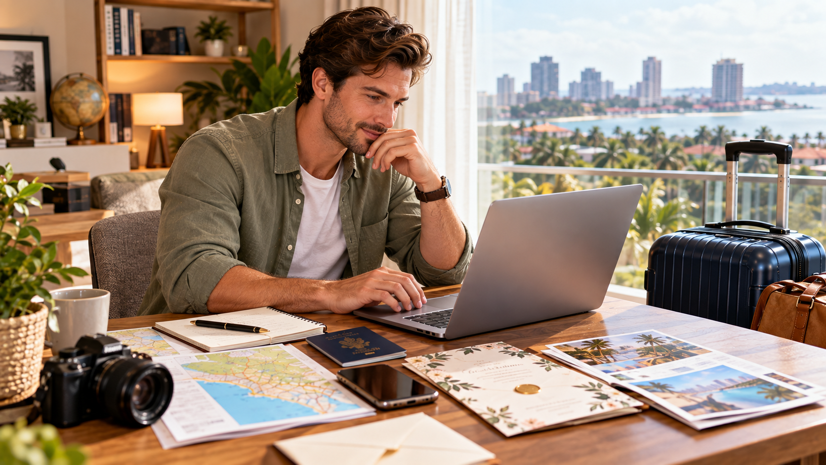 Young American male wedding guest comparing UK-to-Ghana flight itineraries on a laptop with a passport, wedding invitation, smartphone, and suitcase nearby.