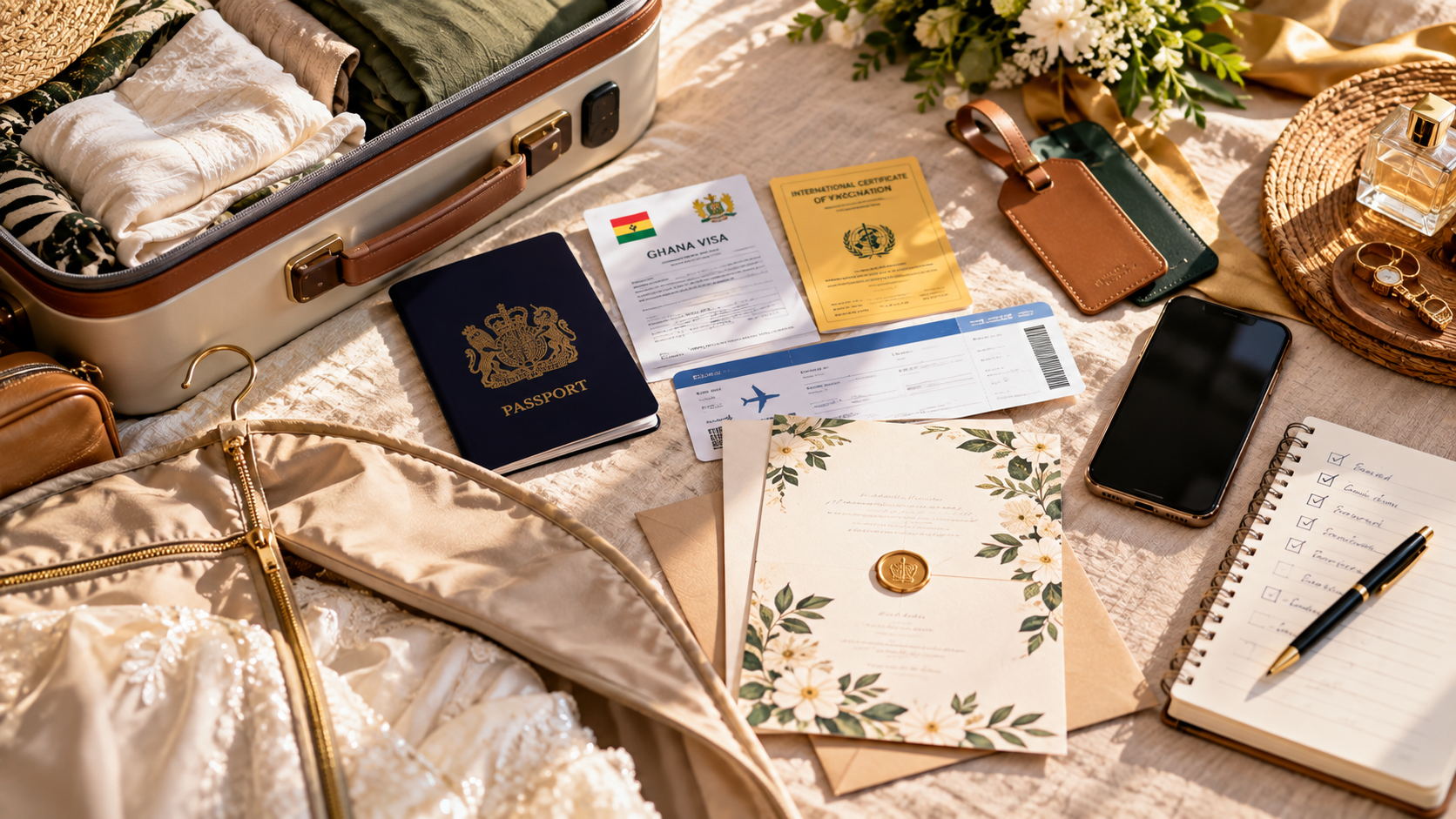 Ghana wedding travel checklist with a British passport, Ghana visa, yellow fever certificate, boarding pass, wedding invitation, smartphone, luggage tags, and suitcase.
