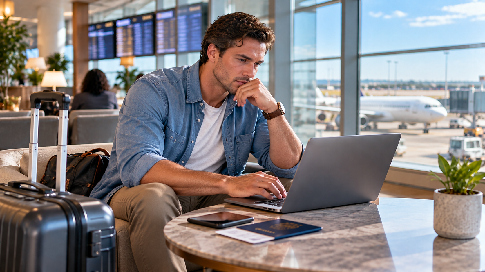 American man comparing Ghana flight itineraries on a laptop while waiting with luggage in a modern airport lounge.