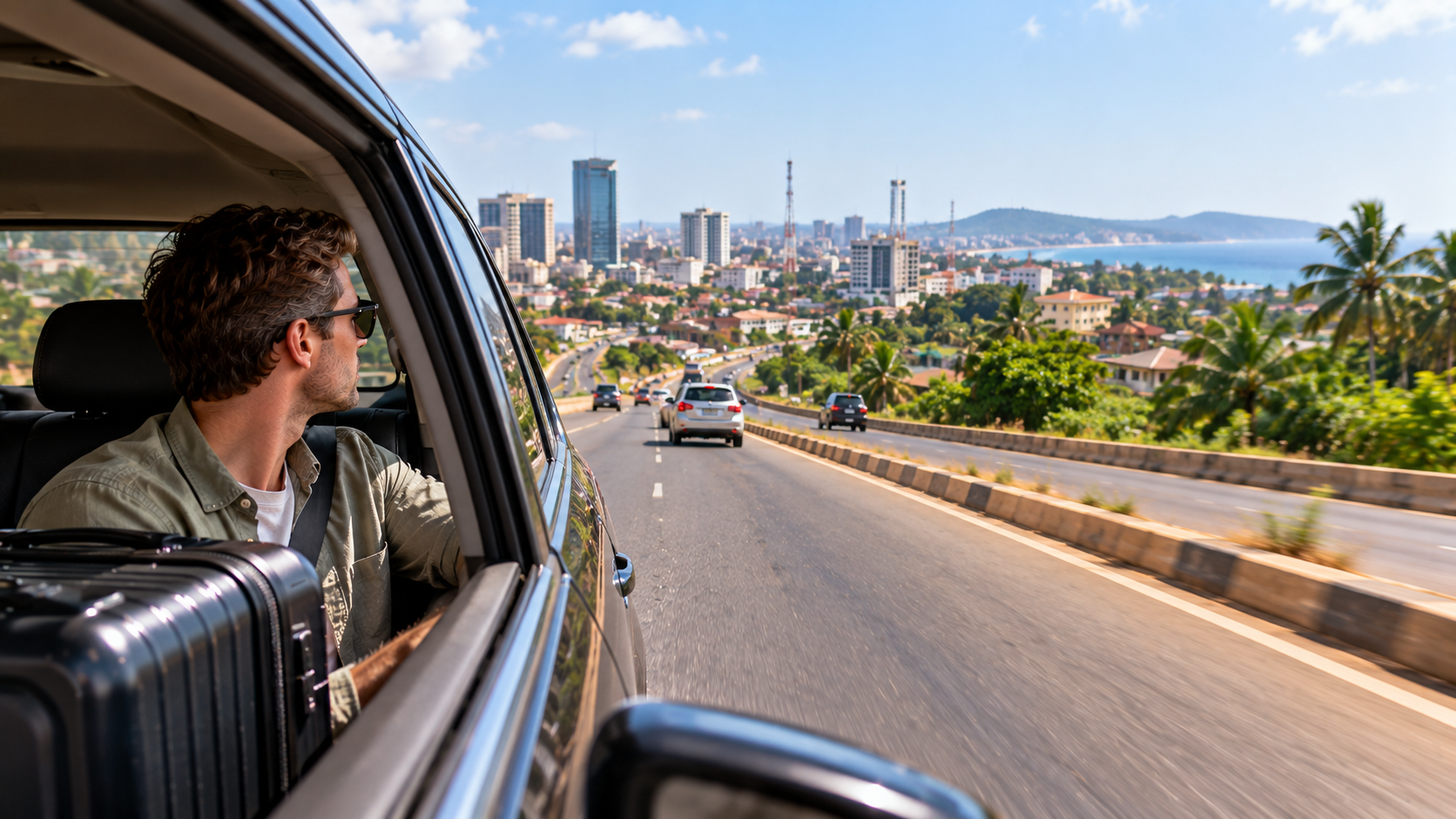 american man in private vehicle leaving an Accra urban area toward Ghana's Central Region