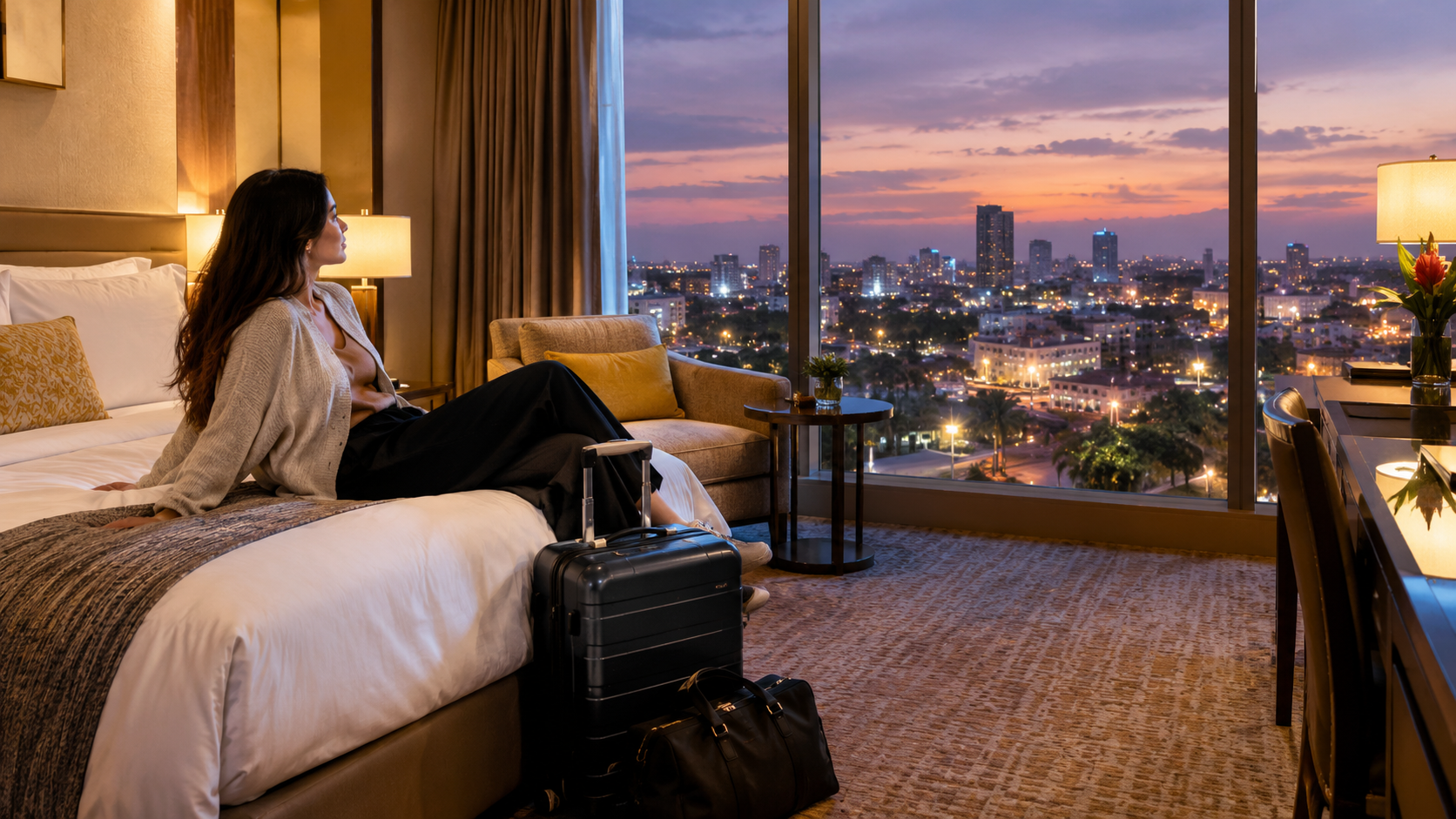 Upscale Accra hotel room at dusk with an international traveller resting beside neatly arranged luggage, overlooking city lights through large windows.