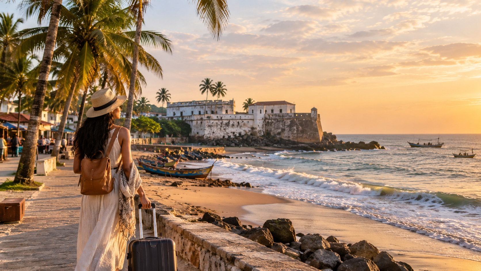 Traveller walking along the palm-lined Cape Coast shoreline in Ghana at sunset, with ocean waves, fishing boats, and a historic coastal fort in the background.