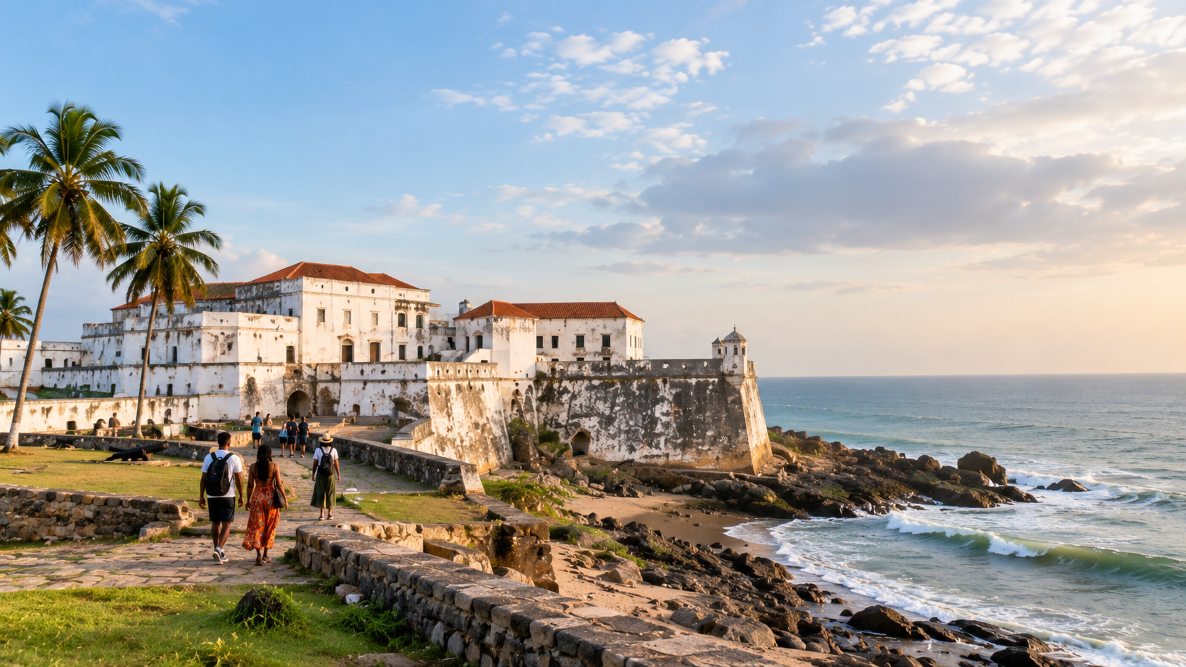 Cape Coast Castle viewed from a respectful distance in soft morning light
