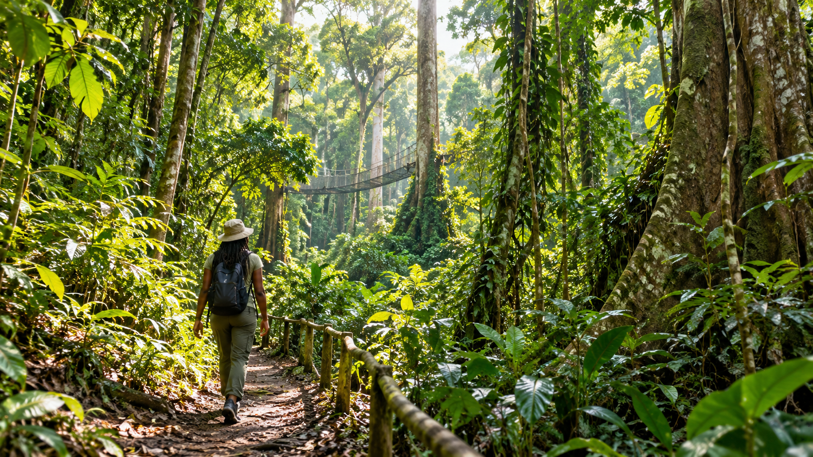 International traveller walking along a rainforest trail in Kakum National Park, Ghana, surrounded by dense tropical greenery, towering trees, sunlight, and a canopy walkway.