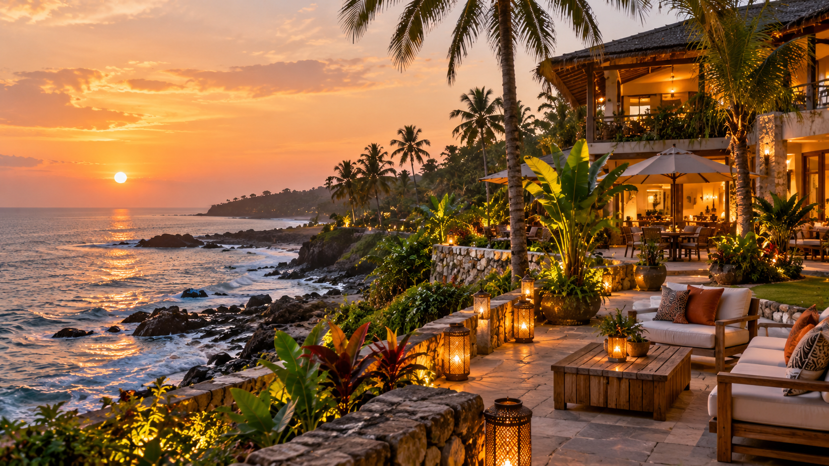 Boutique coastal hotel in Cape Coast, Ghana, with an elegant tropical terrace, comfortable outdoor seating, lush landscaping, and warm sunset lighting overlooking the Atlantic Ocean.