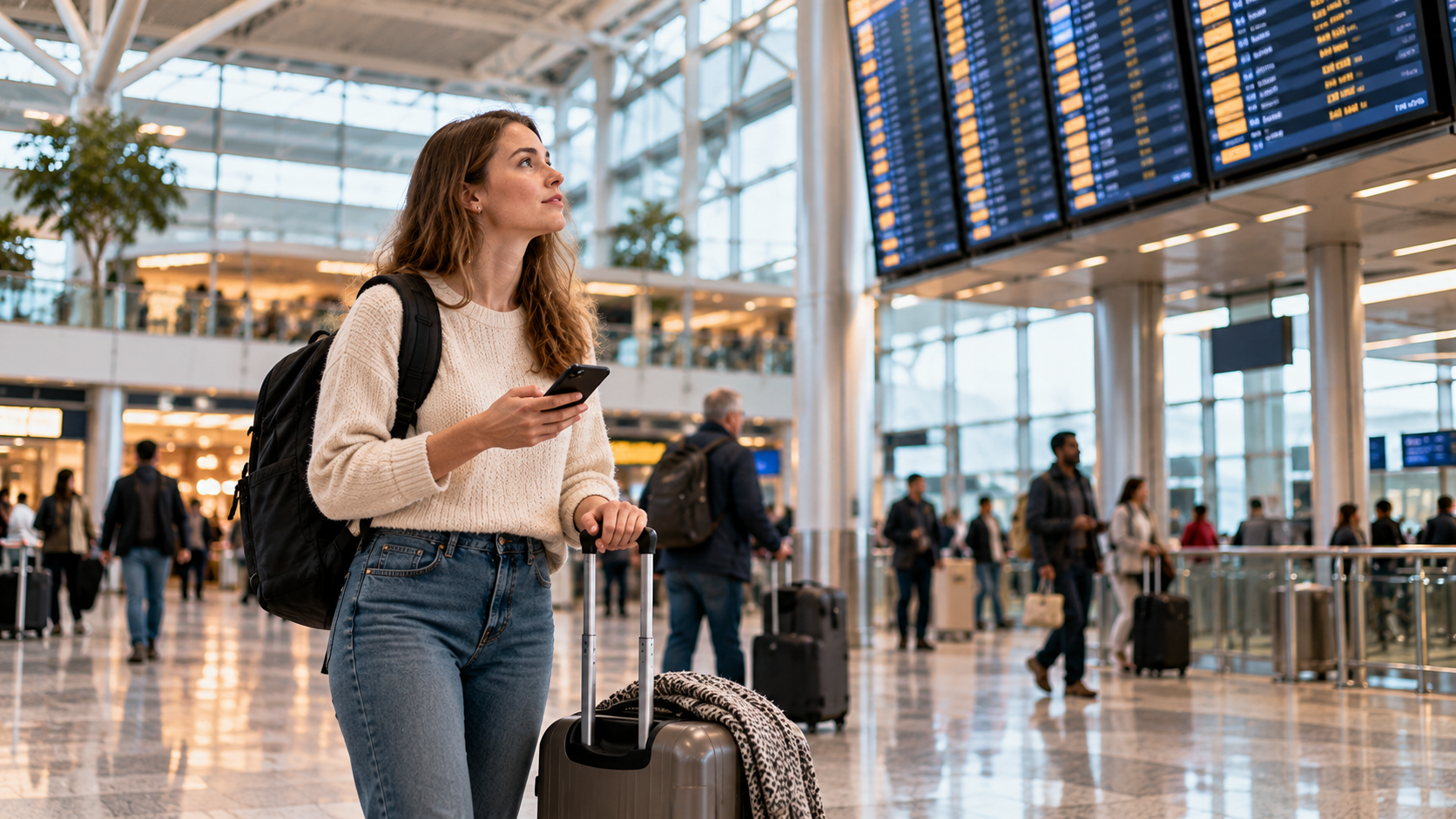 White American traveller checking international departure information on a smartphone while standing with luggage inside a spacious modern airport terminal.