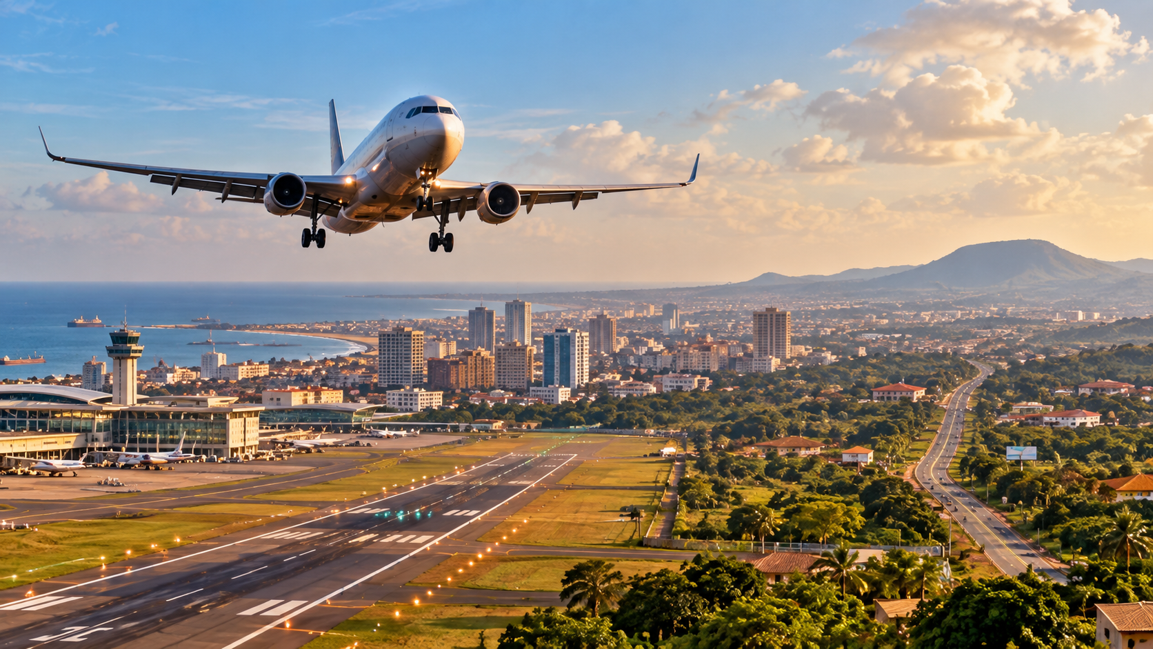 Passenger aircraft arriving over Accra, Ghana, with the airport runway, coastal city skyline, lush inland landscape and distant hills visible in warm golden-hour light.