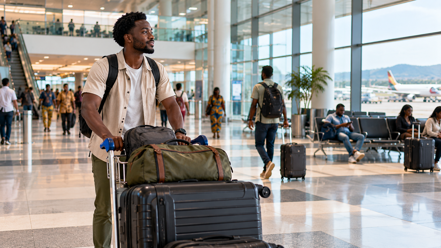 International traveller with a luggage trolley inside a modern Ghanaian airport, preparing for an onward journey from Accra to Kumasi, with aircraft and passengers visible in the background.