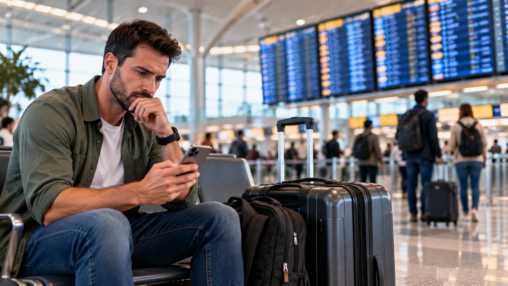 Traveller checking separate flight itineraries on a smartphone while seated beside luggage in a busy modern airport terminal.
