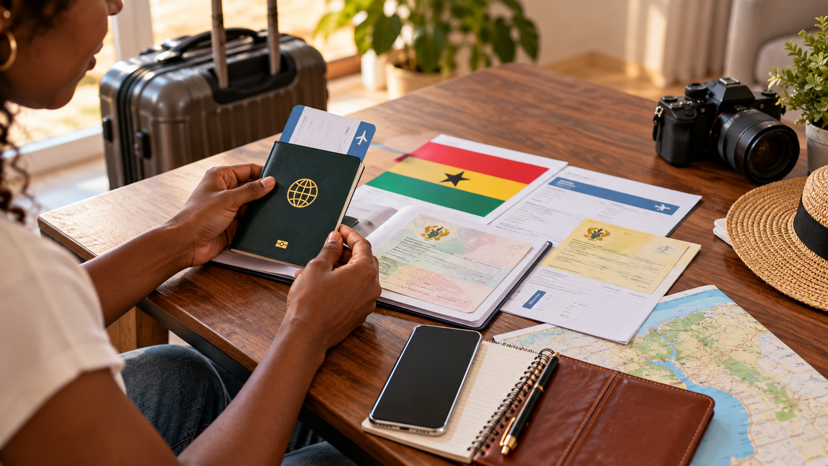 Traveller preparing for a Ghana trip with a passport, visa paperwork, vaccination documents, flight confirmation, smartphone, map and suitcase arranged on a wooden desk.