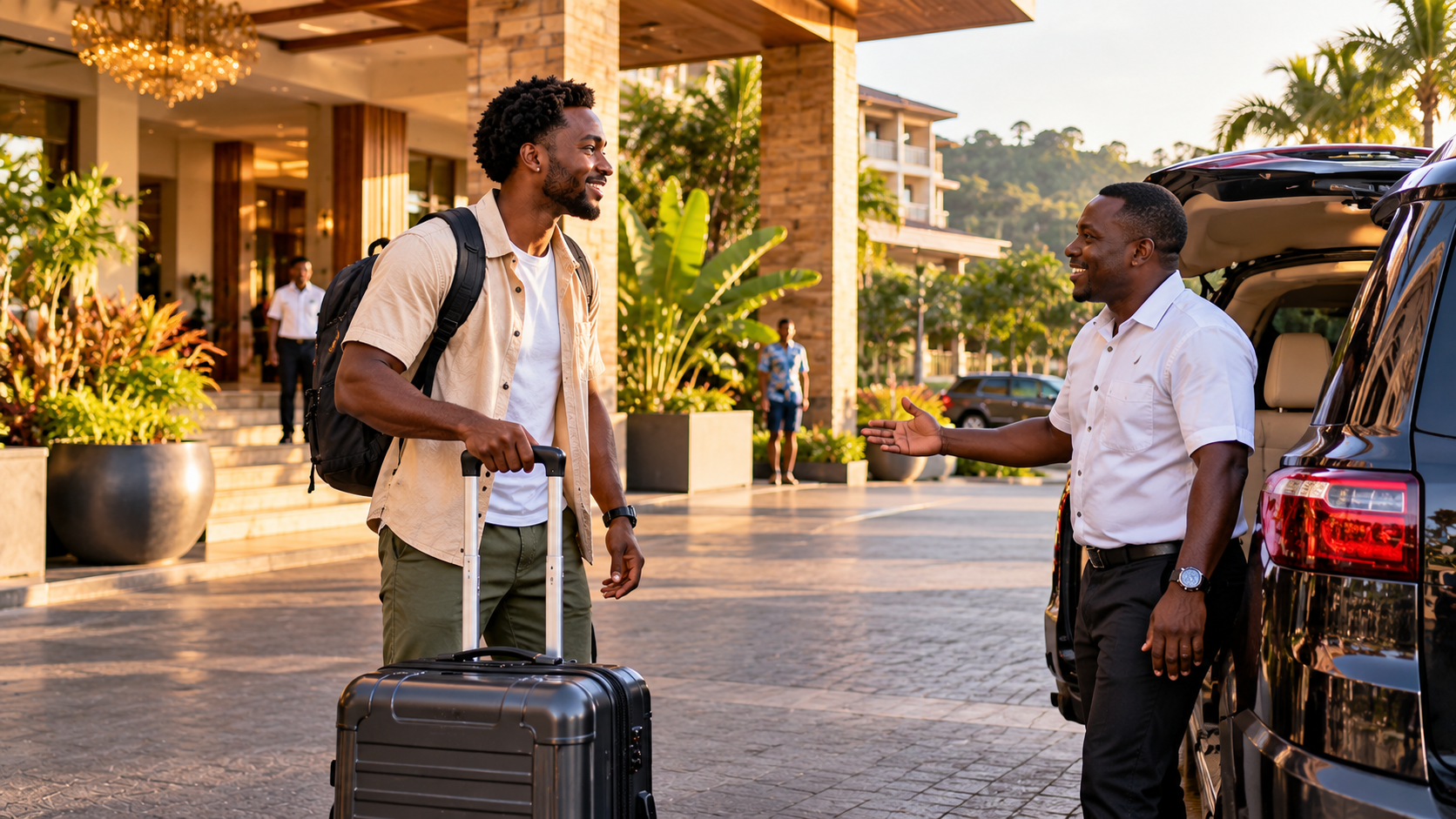 International traveller arriving at a stylish Kumasi hotel with luggage and meeting a local driver beside a vehicle, surrounded by tropical landscaping in warm evening light.
