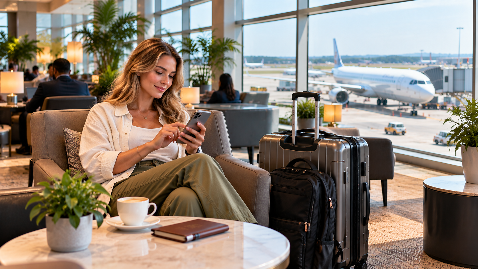 White American female traveller relaxing in a modern airport lounge, checking her smartphone beside organised luggage while an aircraft is visible through large windows.