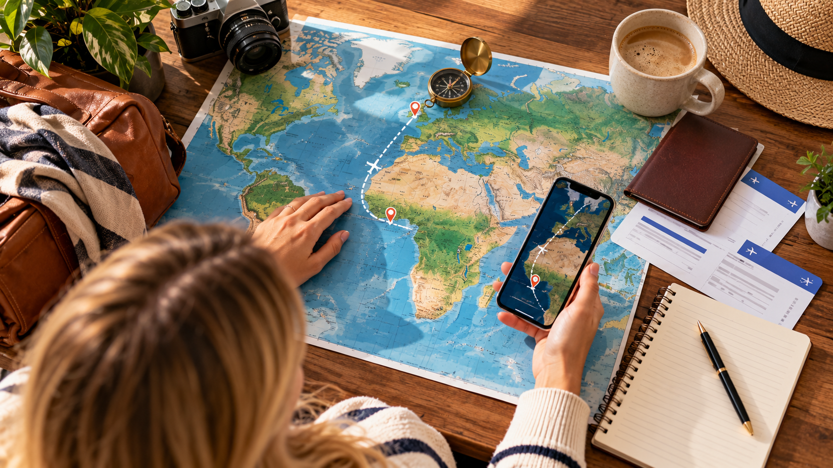 Traveller planning a Europe-to-Ghana journey with a world map, smartphone route, passport, flight itinerary, camera and notebook on a wooden table.