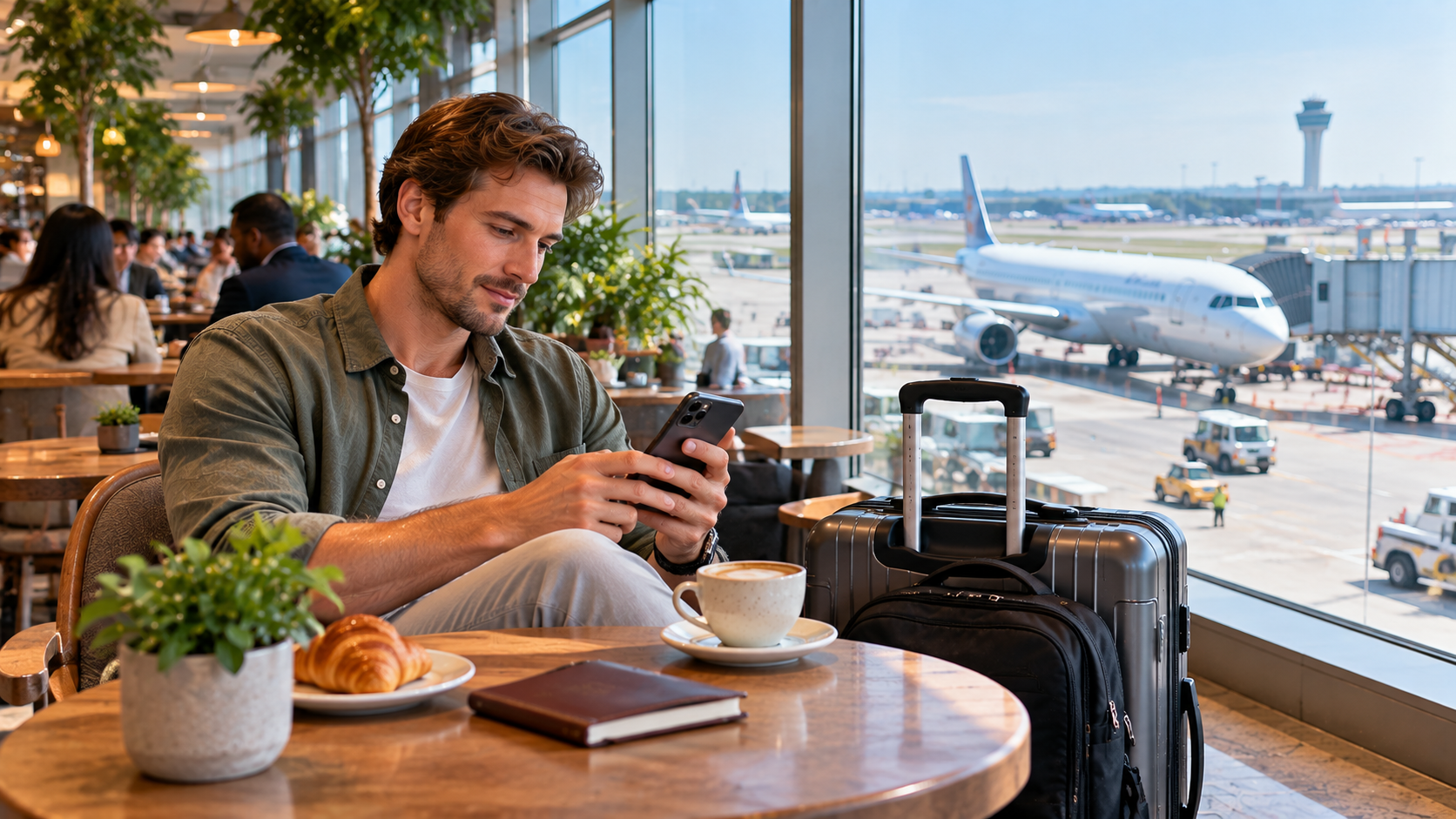 American male traveller checking his phone during an airport stopover, seated at a café with carry-on luggage beside him and an aircraft visible through large windows.