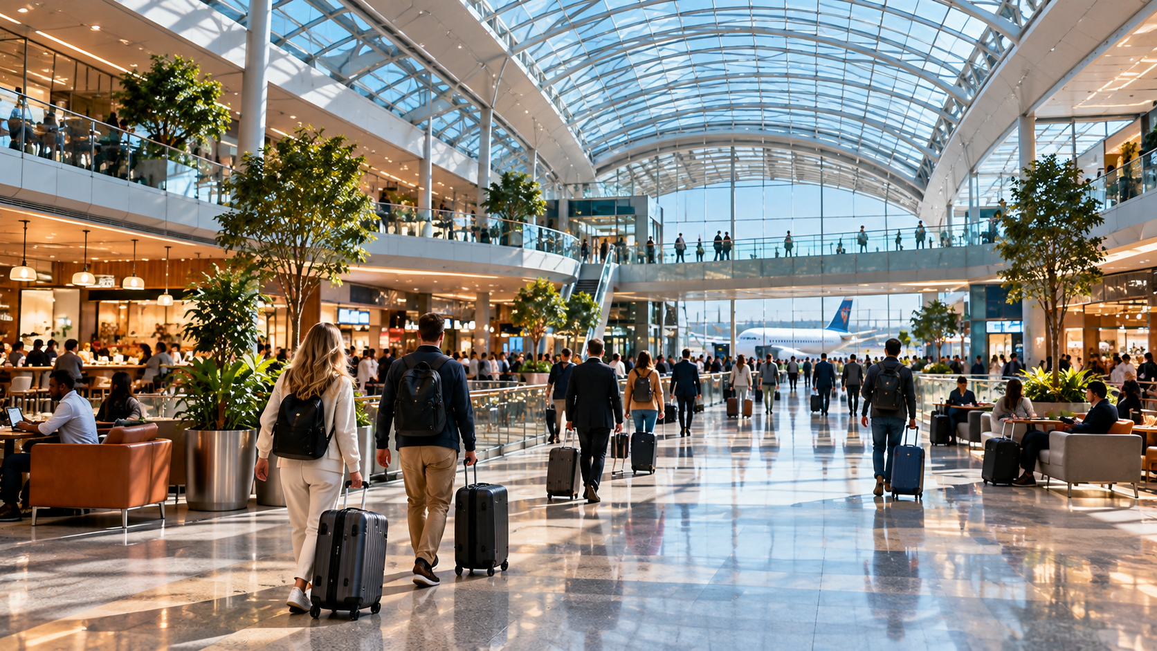 Spacious international airport atrium with a curved glass ceiling, travellers with luggage, cafés, seating areas, escalators and aircraft visible in the distance.