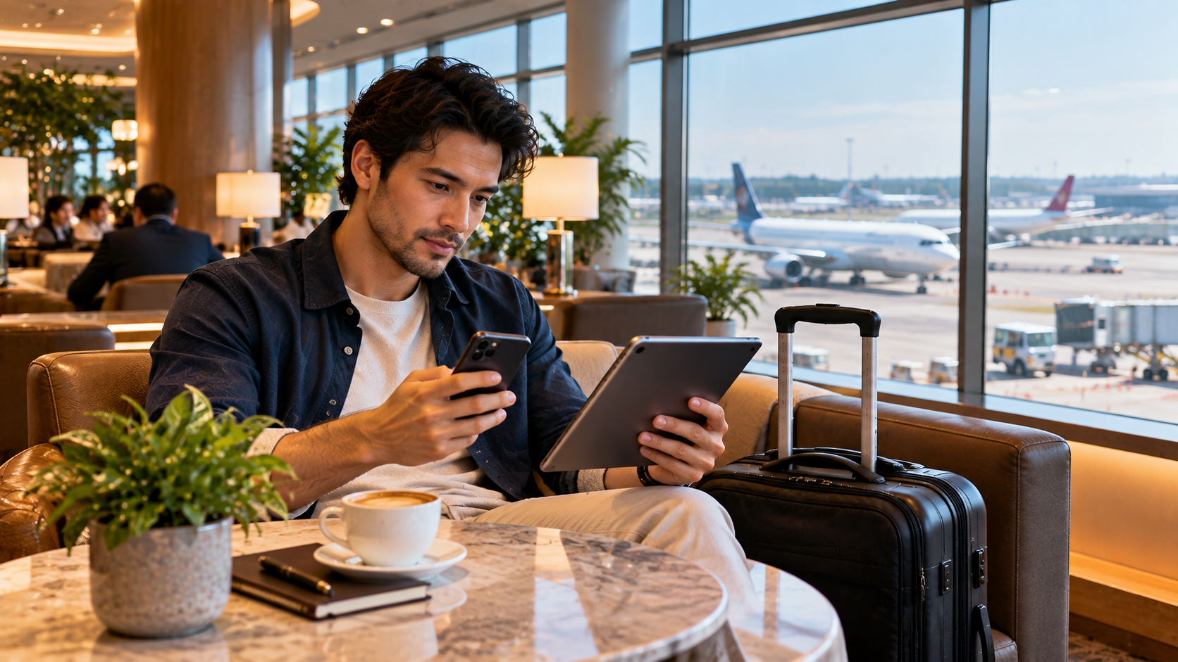 Asian male traveller comparing two digital flight itineraries on a smartphone and tablet while seated in an airport lounge with carry-on luggage beside him.