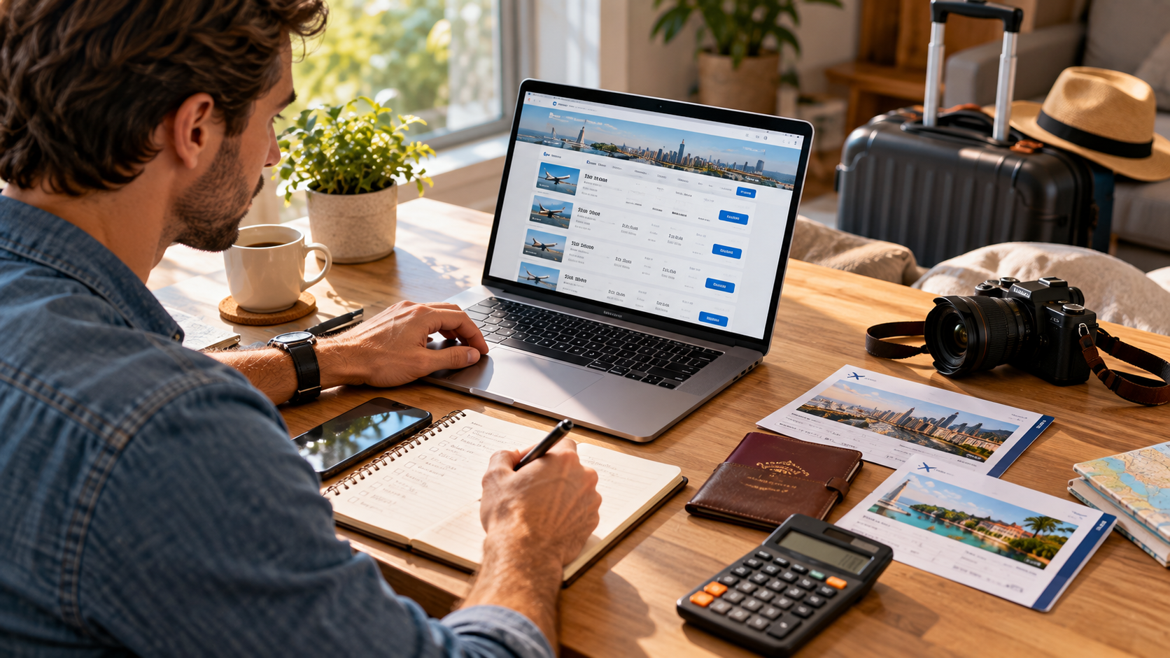 Traveller comparing flight options on a laptop while taking notes at a desk with a calculator, passport, itinerary cards, smartphone and luggage nearby.