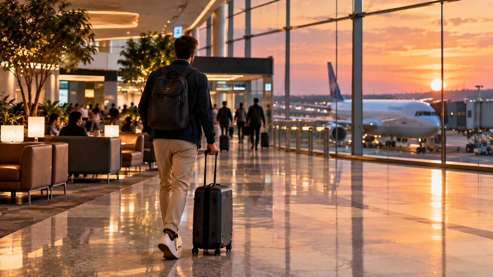 International traveller walking through a modern airport with a carry-on suitcase at sunset, with a softly lit aircraft visible through the terminal windows.