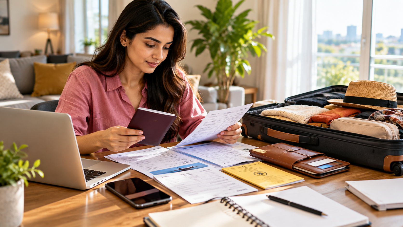 South Asian female traveller reviewing Ghana travel documents, passport, visa paperwork and flight details at a home desk beside an open suitcase.