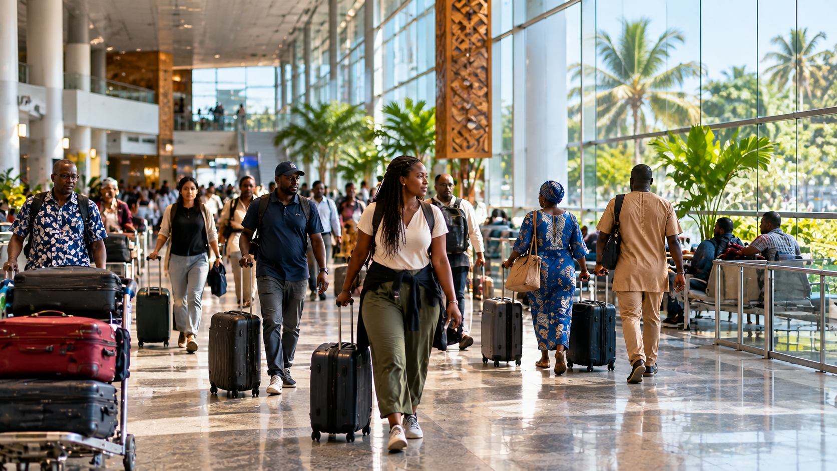 Diverse travellers with luggage walking through a bright modern Accra airport arrivals terminal with tropical greenery and large glass windows.