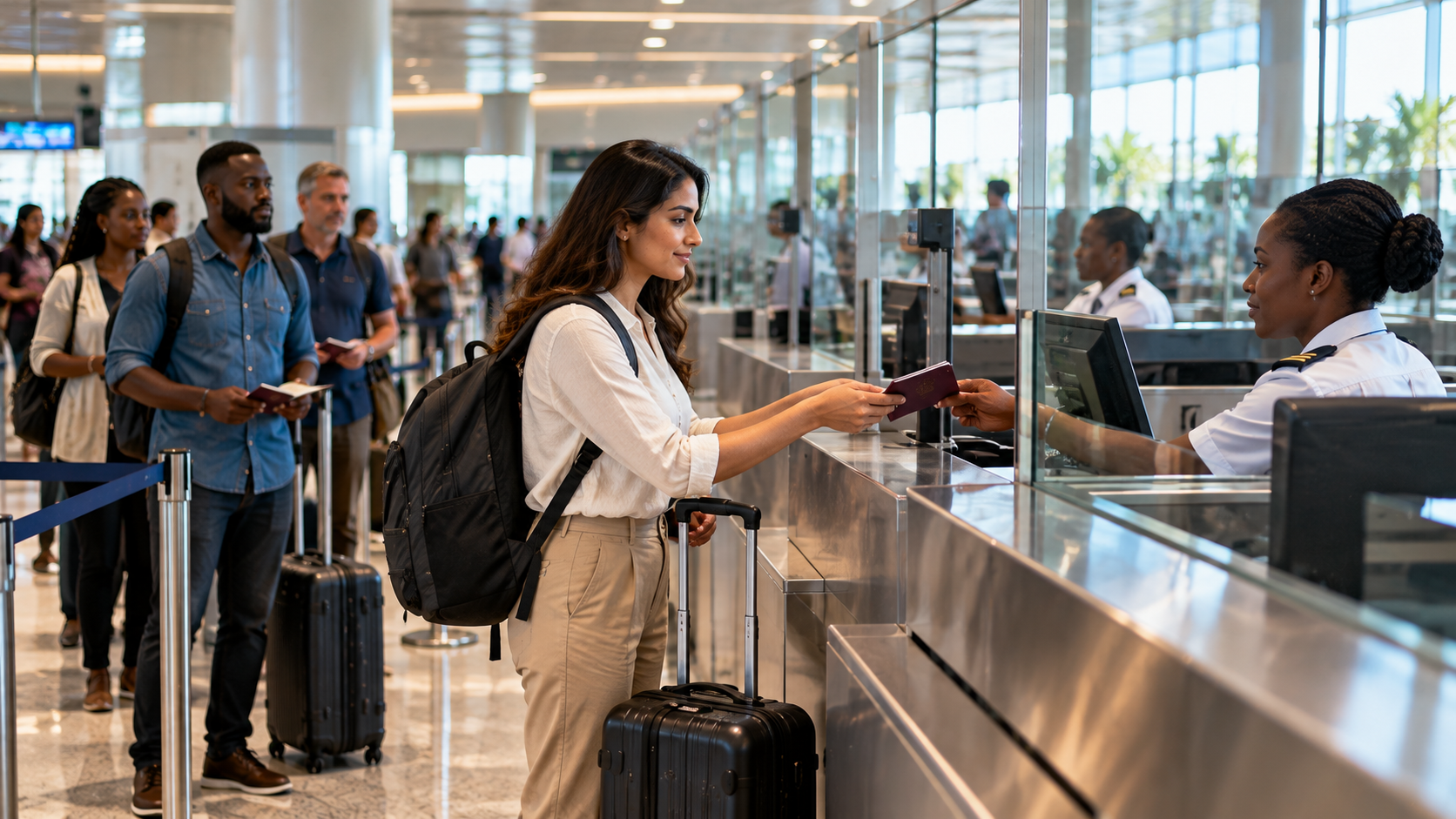 International traveller presenting her passport at an airport immigration counter while other passengers wait in line with luggage.