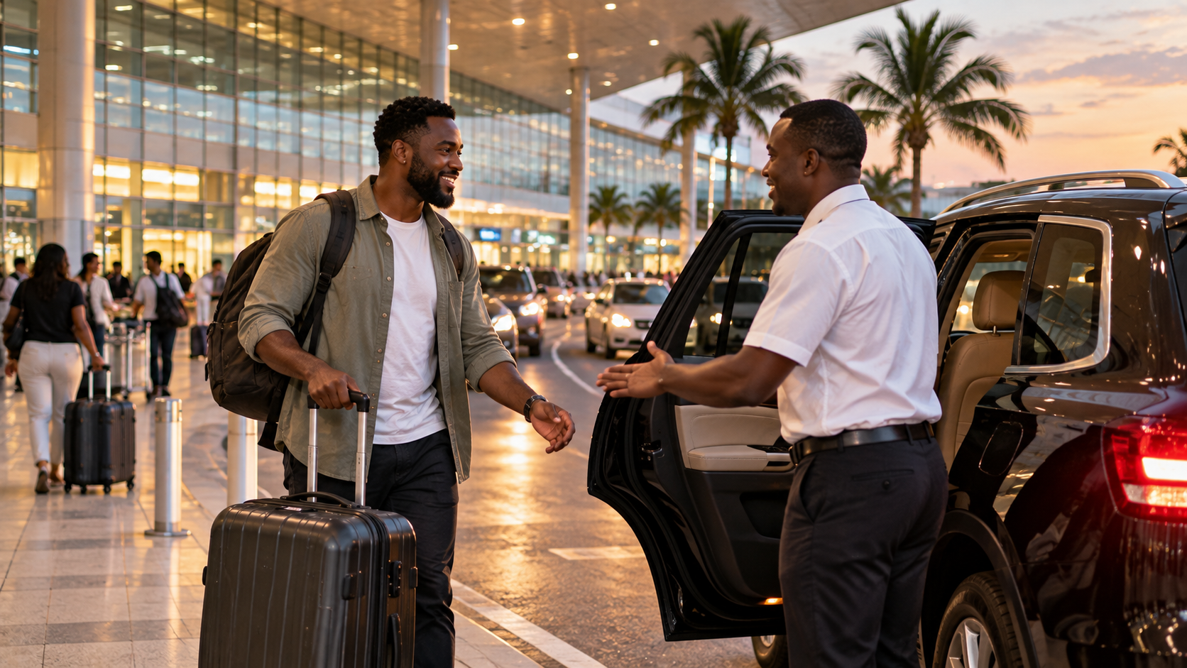 Black male traveller meeting a pre-arranged local driver outside Kotoka International Airport beside an SUV at sunset, with luggage and palm trees nearby.
