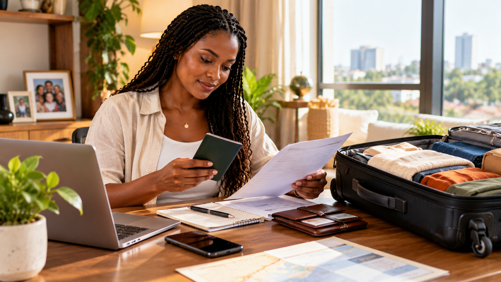 Ghanaian female traveller reviewing UK travel documents and passport at home beside a packed suitcase while preparing for a family visit.
