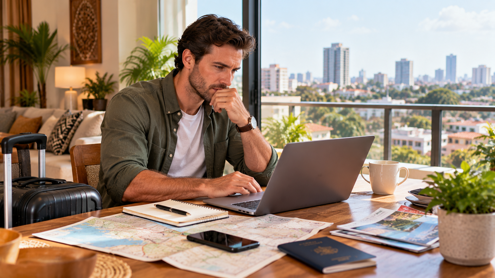 White male traveller comparing Ghana-to-UK flight options on a laptop at home with maps, passport, smartphone and luggage nearby.