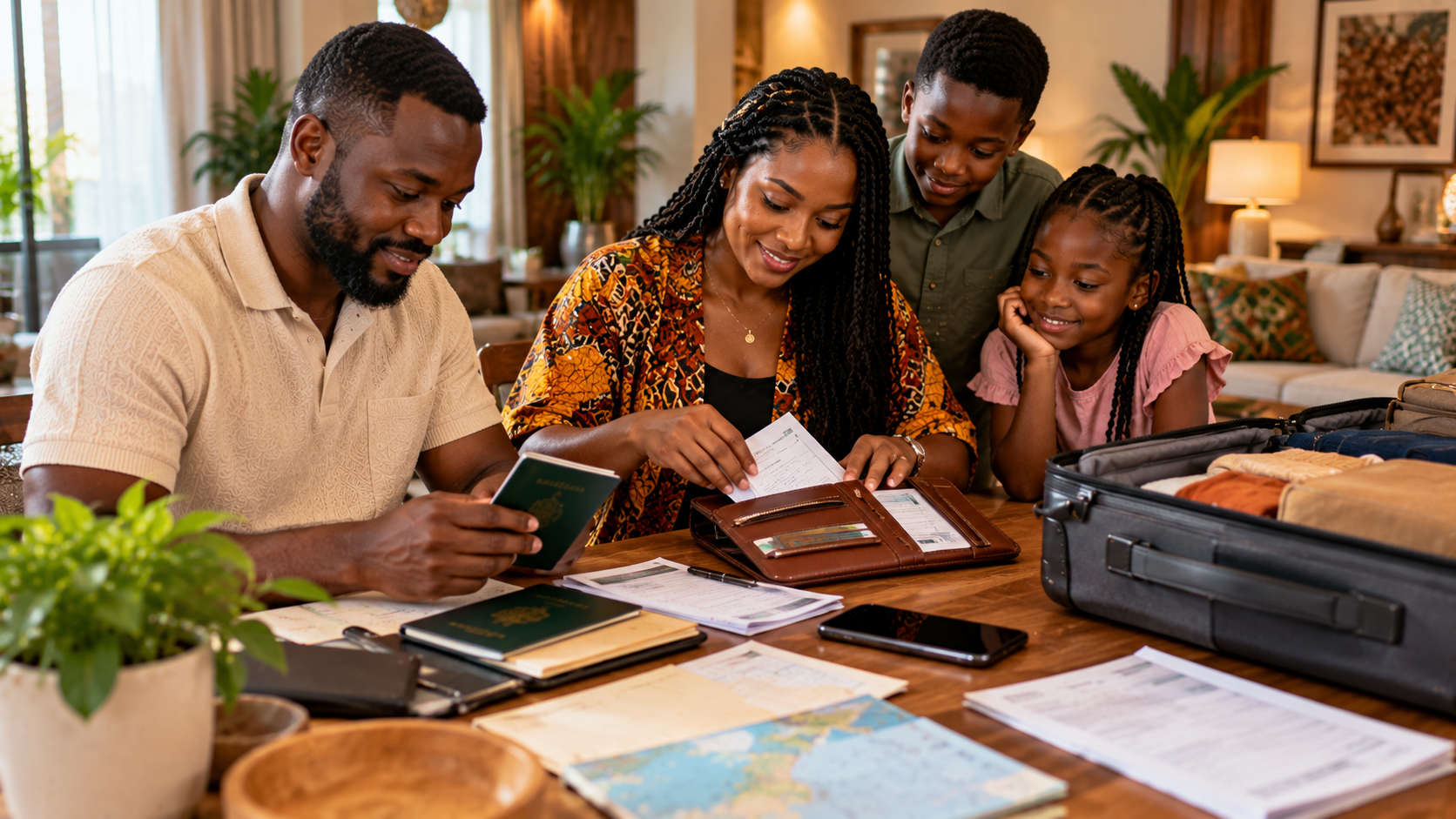 Ghanaian family organizing passports, UK travel documents and flight details in a leather travel organiser while preparing for a UK family visit.
