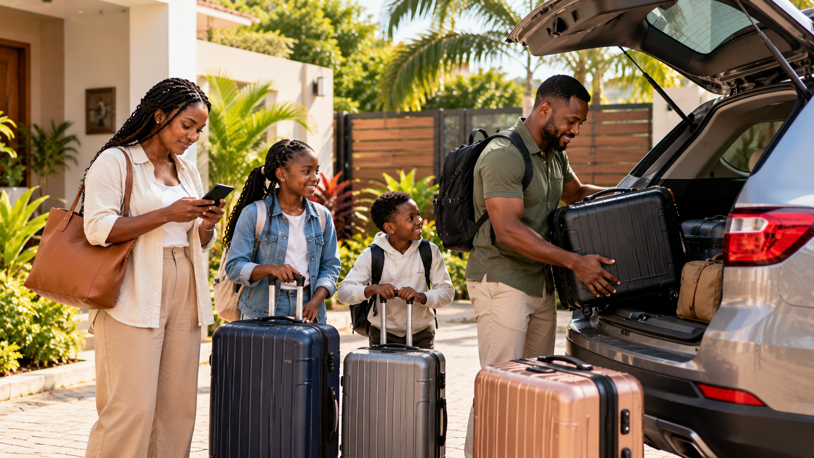 Ghanaian family loading suitcases into a private vehicle outside their Accra home while preparing to travel to the UK.