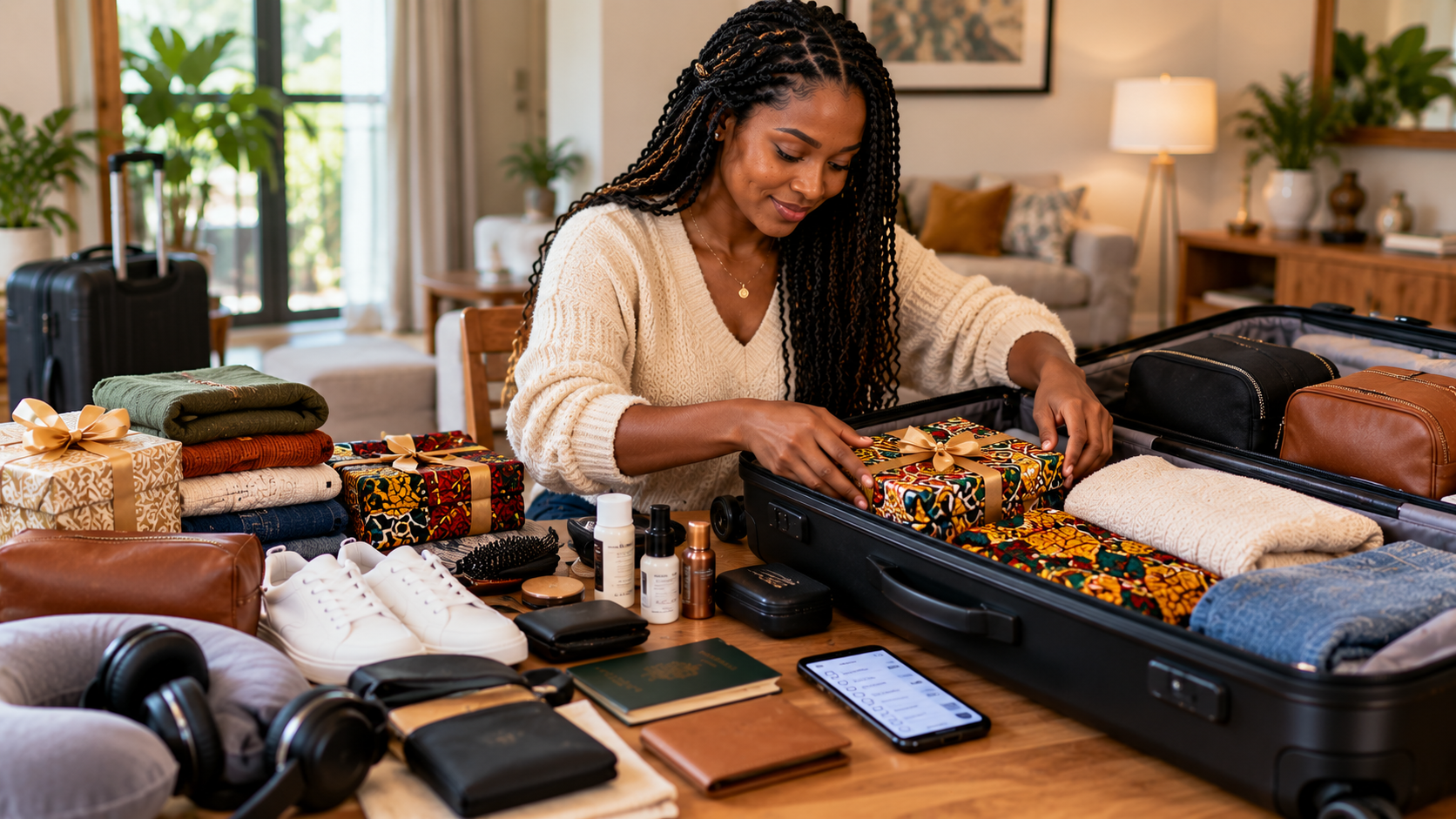 Ghanaian traveller organizing family gifts, clothing and personal belongings in an open suitcase before travelling to the UK.