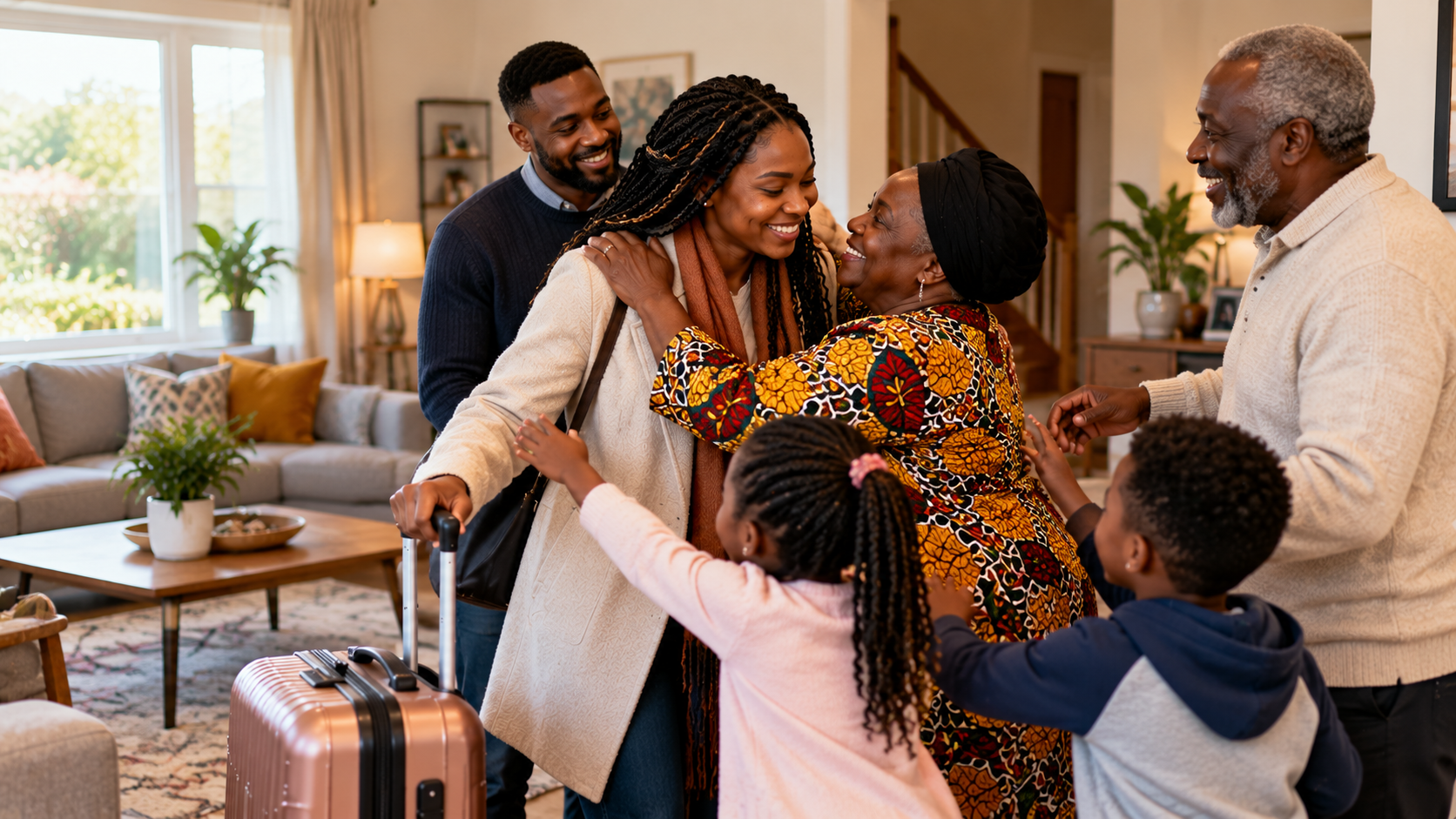 Ghanaian woman arriving at a UK home with a suitcase and being warmly welcomed by family members in a cosy living room.
