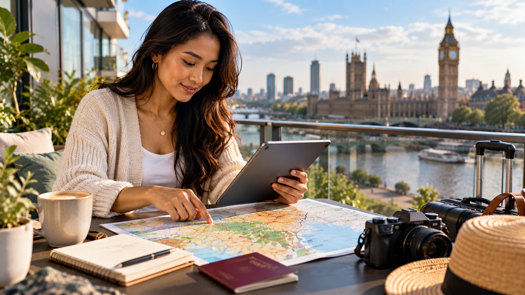 Asian female traveller comparing a Ghana trip itinerary and travel insurance on a tablet from a London balcony overlooking the Thames.
