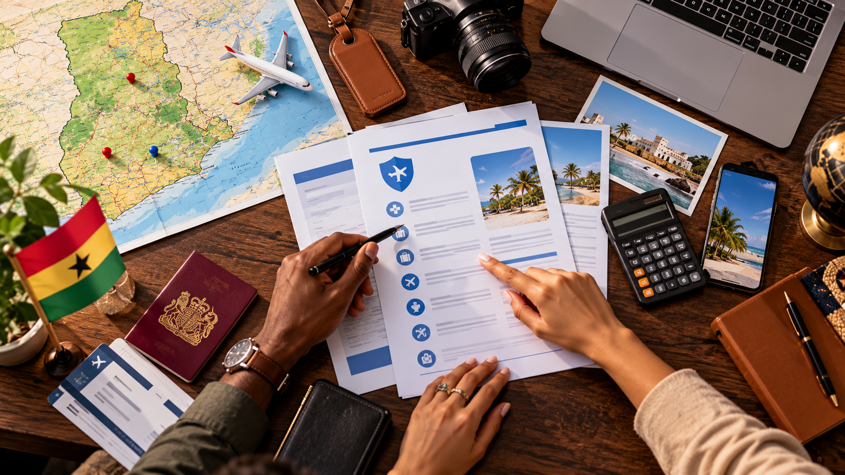 Travel insurance comparison setup with hands reviewing policy documents, Ghana map, passport, smartphone, calculator, boarding pass and luggage tag on a wooden desk.