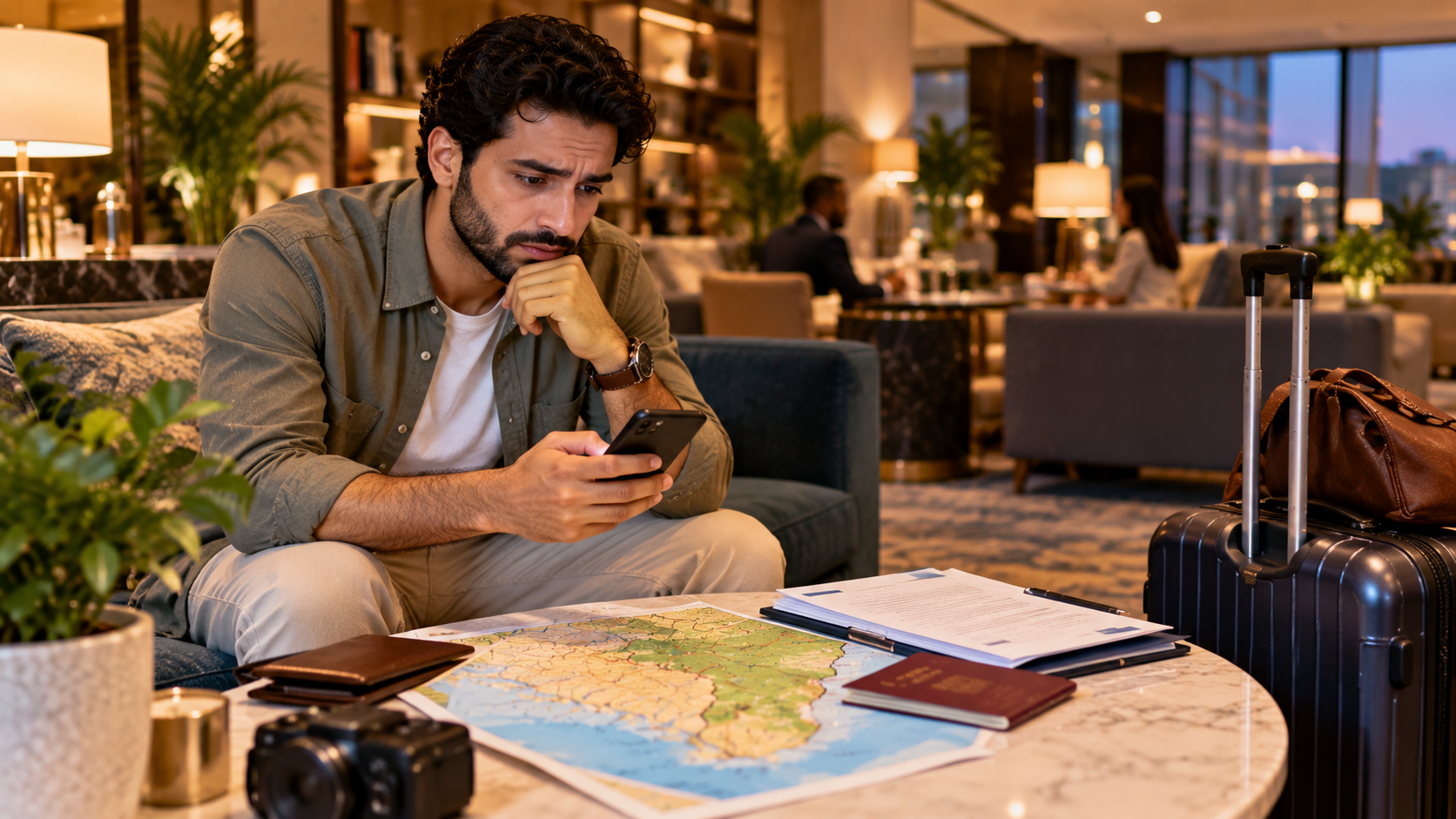 Middle Eastern male traveller reviewing an unexpected travel problem on his smartphone in a hotel lounge with a Ghana map, passport, insurance documents and luggage nearby