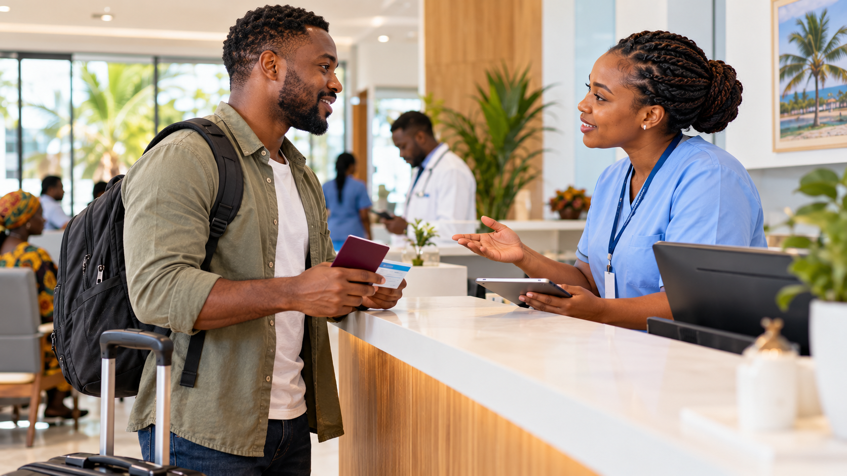 Black male traveller receiving assistance from a healthcare professional at a modern Ghanaian clinic reception while holding his passport and insurance documents.