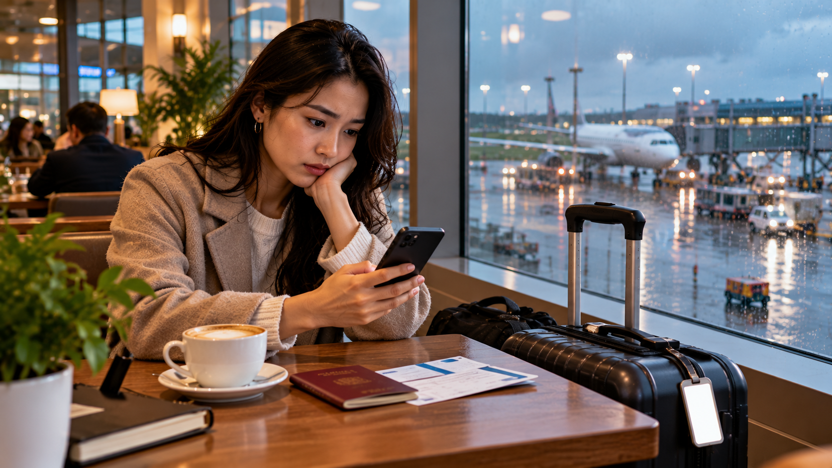 East Asian female traveller checking a smartphone after a flight disruption in an airport café, with luggage and travel documents beside her.