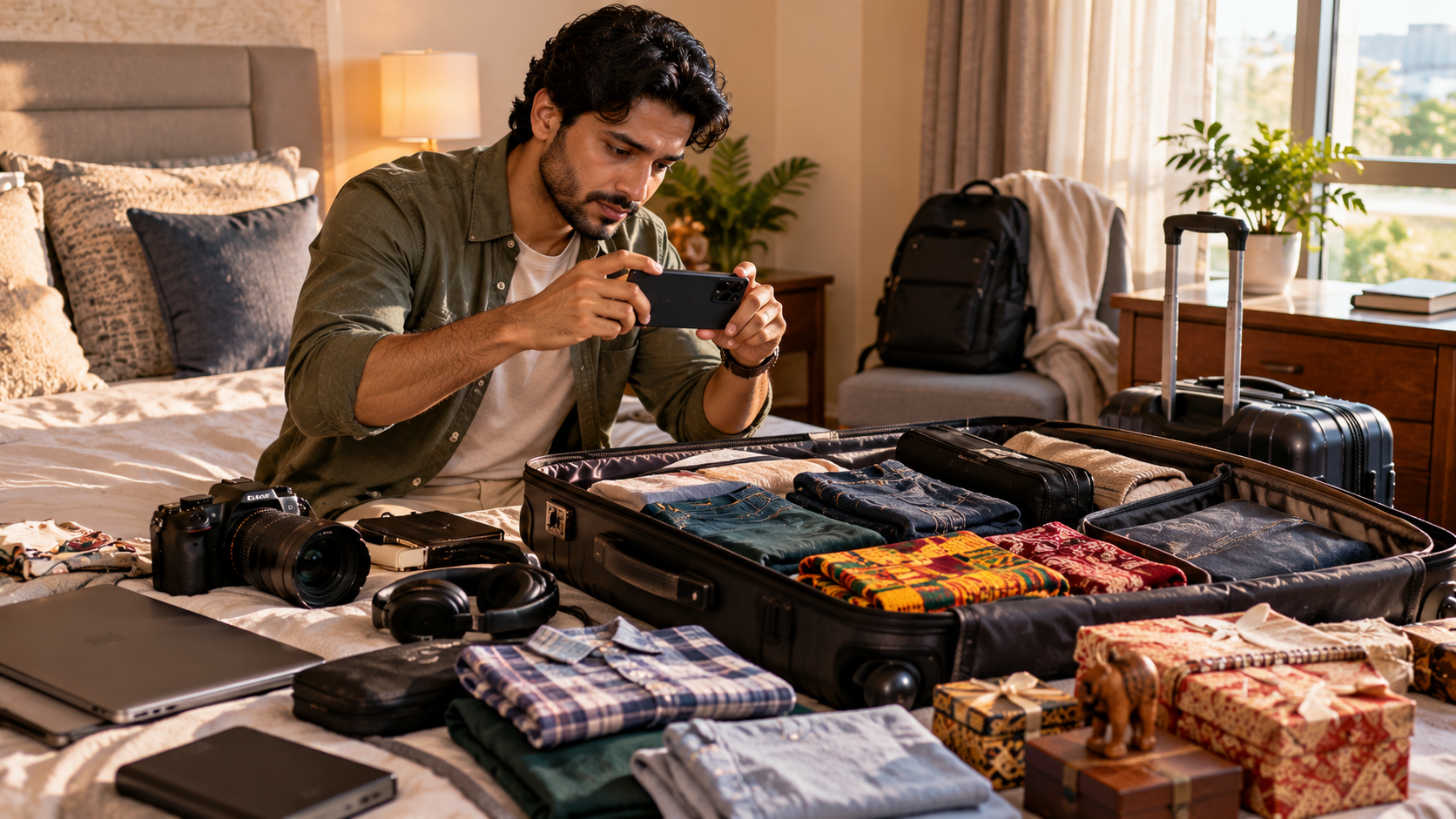 South Asian male traveller photographing valuable belongings beside an open suitcase while preparing for a Ghana trip