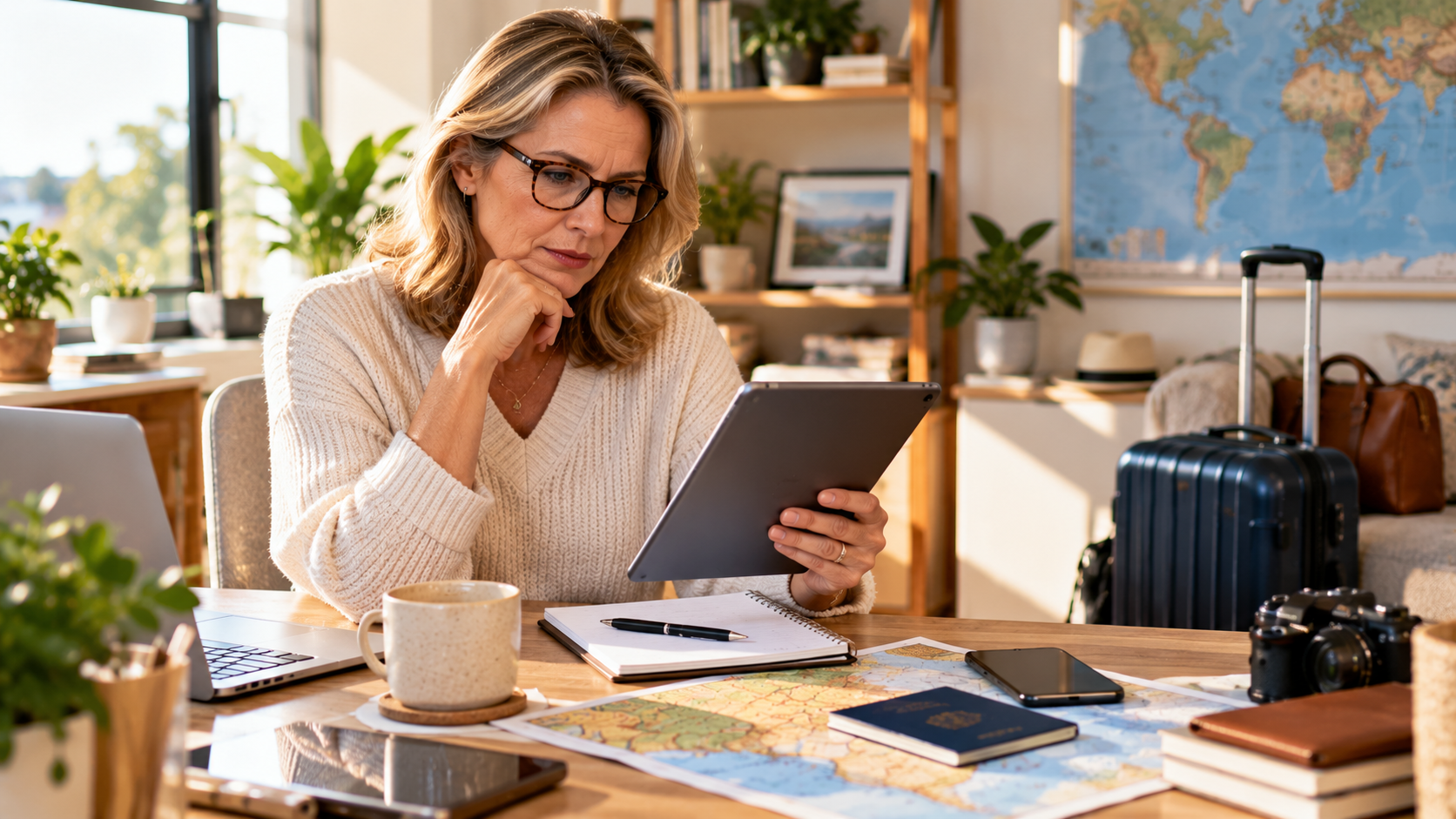 Mature white American woman reviewing a travel insurance policy on a tablet at a home office with a passport, notebook, map and suitcase nearby.