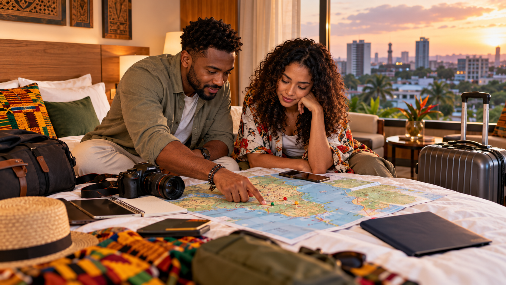 Mixed-ethnicity couple planning a multi-city Ghana trip with a map, travel gear and luggage inside a stylish Accra hotel room.