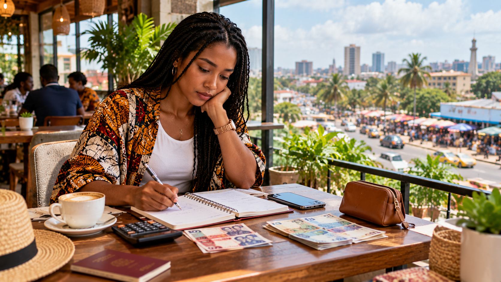 Black female solo traveller planning her Ghana trip budget at a stylish café in Accra with a notebook, calculator, smartphone and Ghanaian cedi notes.