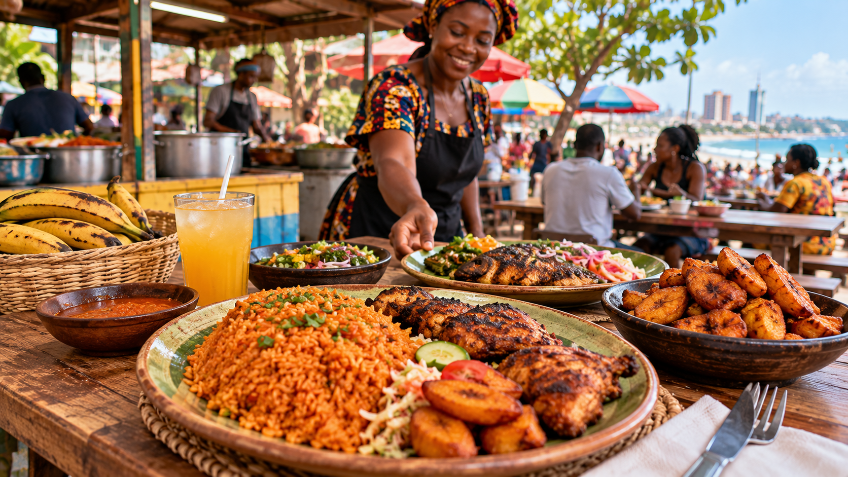 Ghanaian street-food scene featuring jollof rice, grilled fish, grilled chicken and kelewele served at a lively outdoor food market.