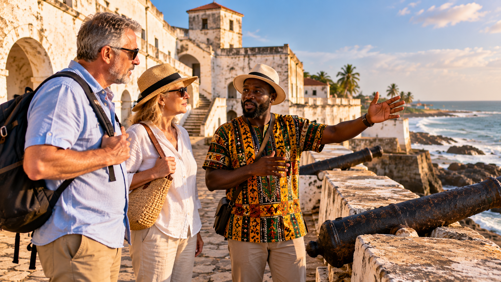 Older white American couple exploring a historic Ghanaian coastal fort with a local guide overlooking the Atlantic Ocean at sunset.